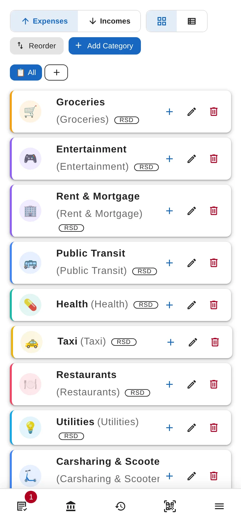 Categories screen