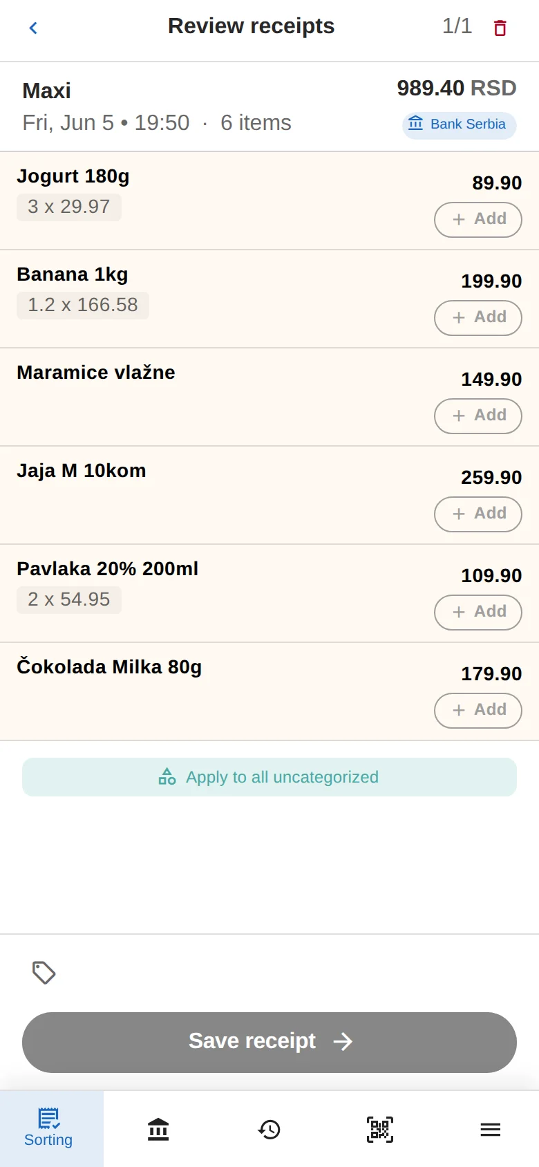 Recognized receipt items